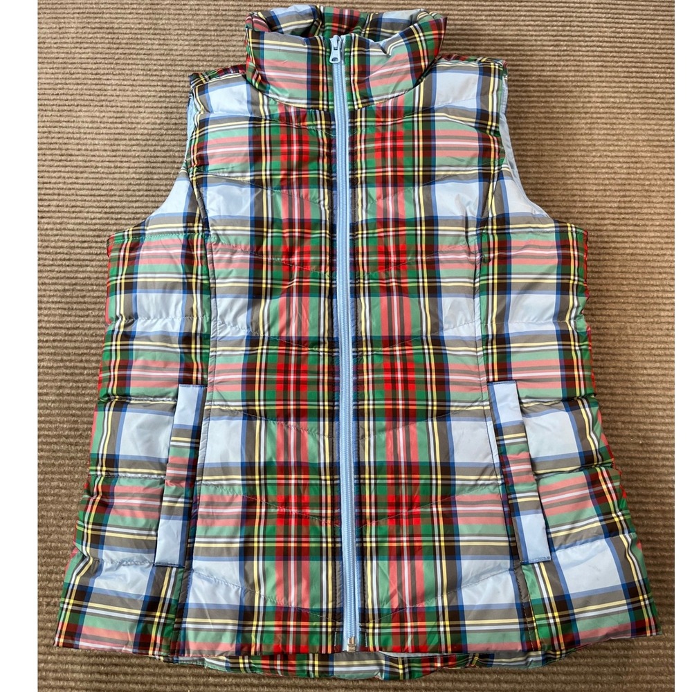 Lands End Womens Plaid Down Puffer Vest Blue Red Green Full Zip Small 6-8 NWOT
